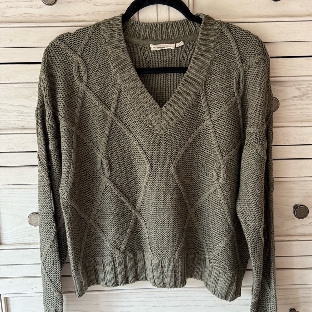 Olive Cable Knit V-Neck Sweater